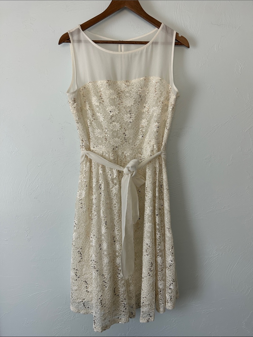 Ivory Sequin Lace Midi Dress with Sheer Yoke and Chiffon Tie